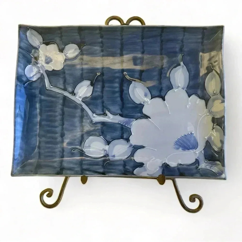 Vintage Japan Asian Blue Ceramic Tray Platter Dish 13x9 White Flower